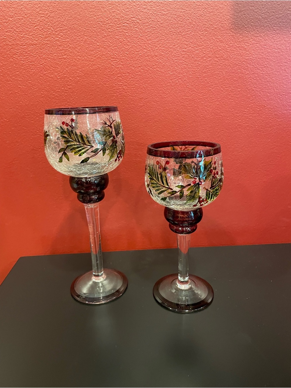 Hand-Painted Holiday Wine Goblets in Red and Green (Set of 2)